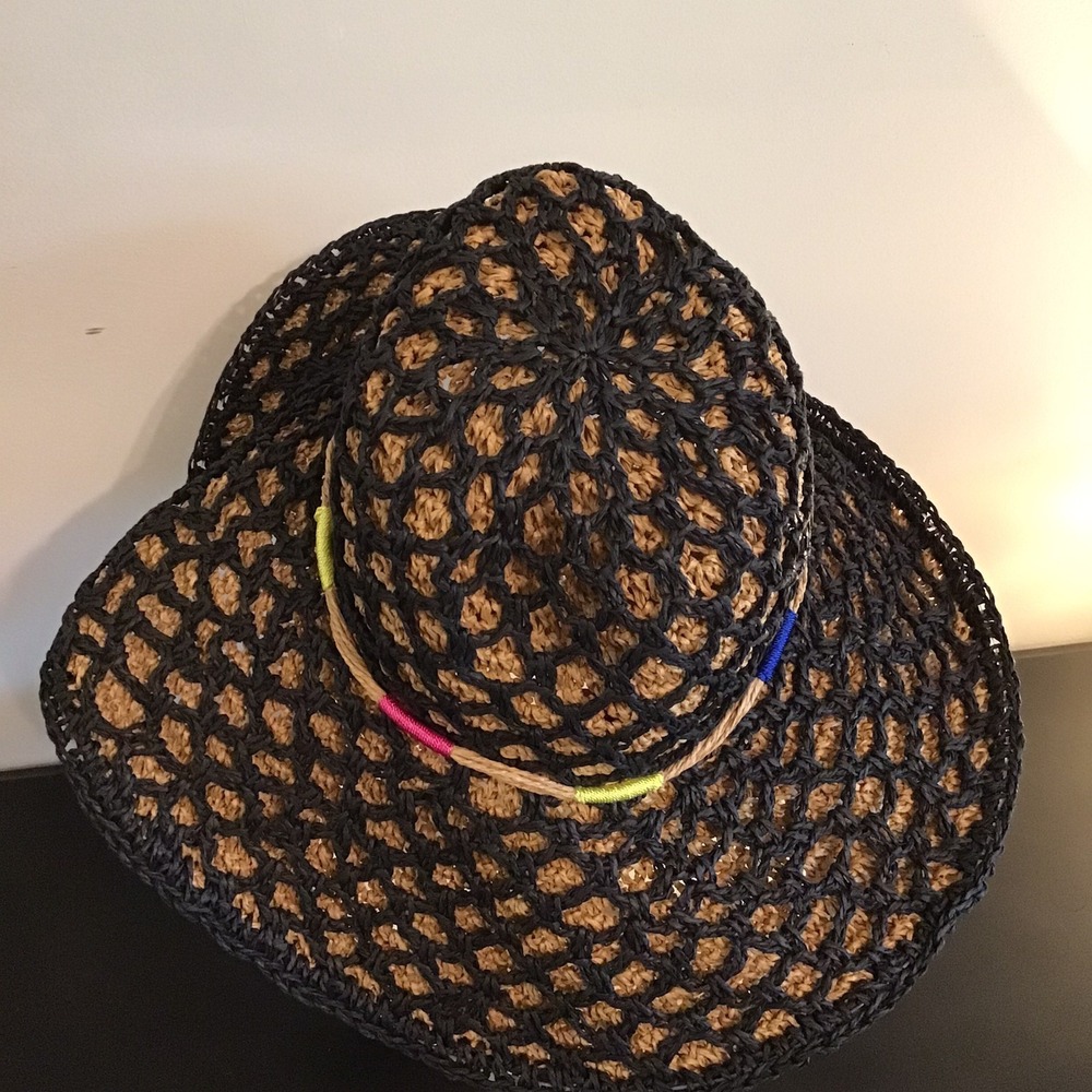 Betsey Johnson Straw Hat‎ Womens Sun Floppy Wide Brim Black Tan